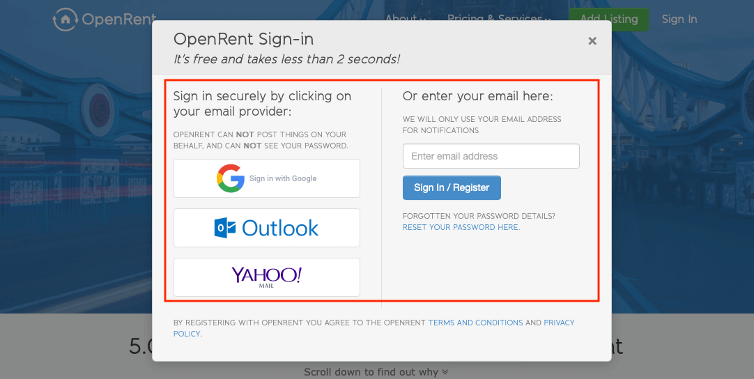 Open Rent sign up options
